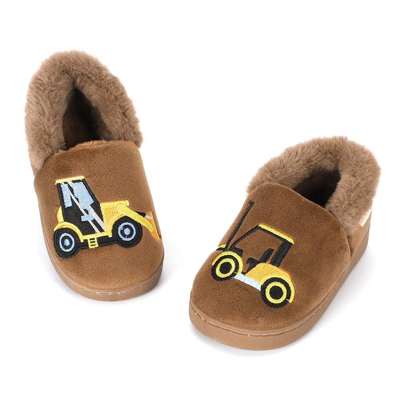 ESTAMICO Boys Girls Warm Slippers Cartoon Truck Kids Winter Indoor Household Shoes, Khaki 9-10 Toddler - Image 3
